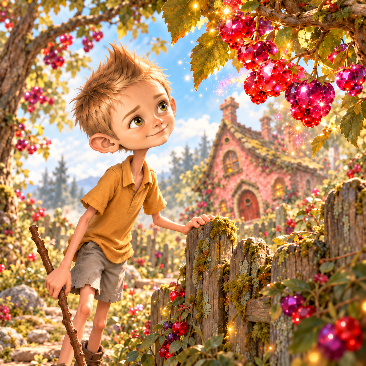 Pooverest looks up at sparkling berries beside a mossy fence, with a mysterious pink cottage behind him.