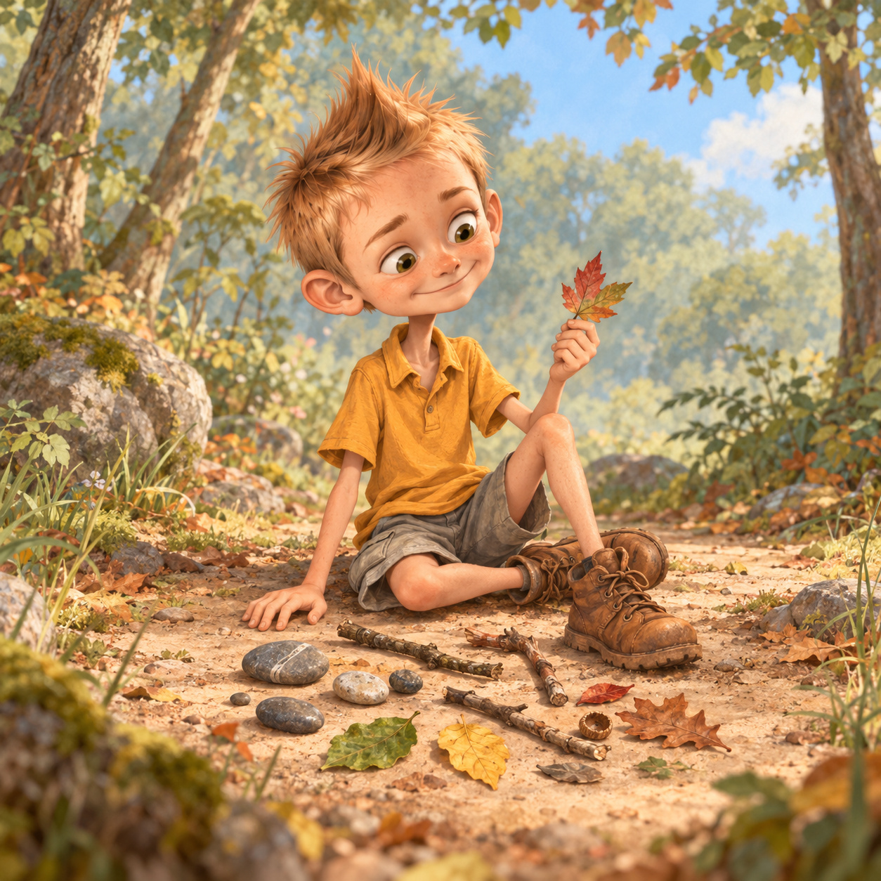 Pooverest sits on a woodland path, admiring a leaf with sticks, rocks and leaves spread beside him.